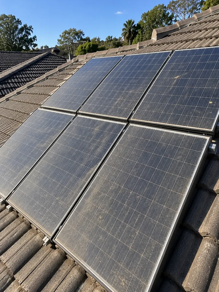 Solar panels covered in dust and lichen before cleaning, Melbourne